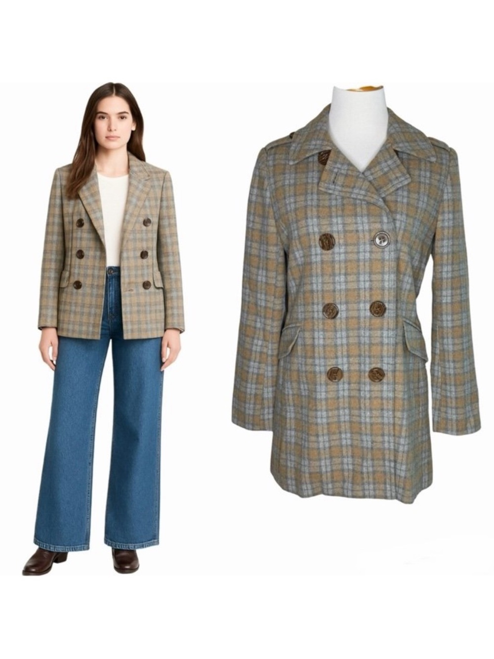 Banana Republic Factory Double Breasted Plaid Pea Coat Size Medium Gray Tan Wool